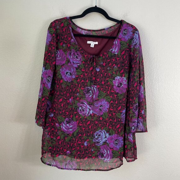 Isaac Mizrahi Live! Womens Plus 1X Floral Blouse Purple Red 3/4 Sleeve Shirt Top - Picture 7 of 10